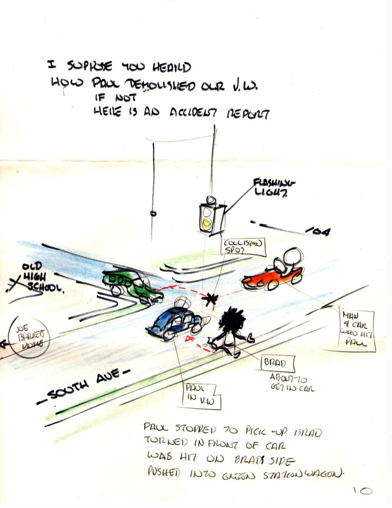 Leo Dodd drawing of my accident with Sammy G" Gingello in Webster, New York