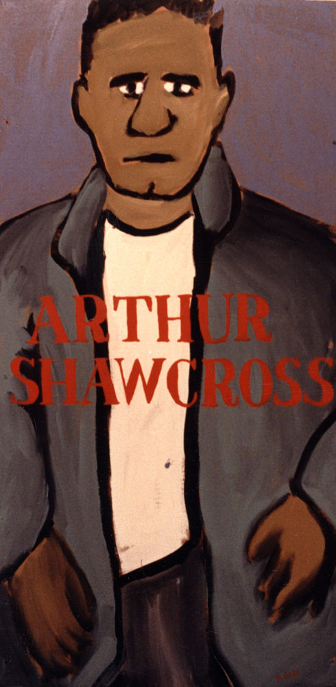 Arthur Shawcross painting by Paul Dodd. Acrylic paint on cardboard, 22"w by 40"h, 1989