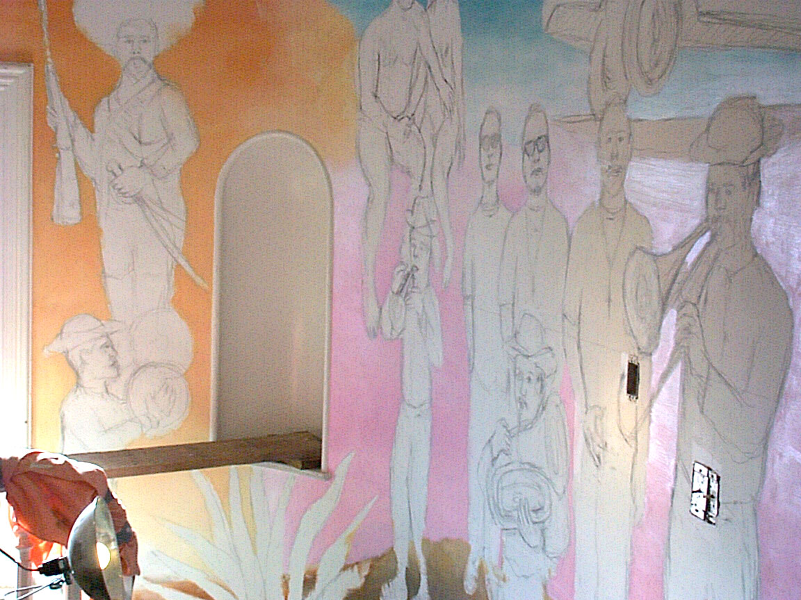 Drawing stage detail of Mex Restaurant Mural by Paul Dodd, in progress, 1999.