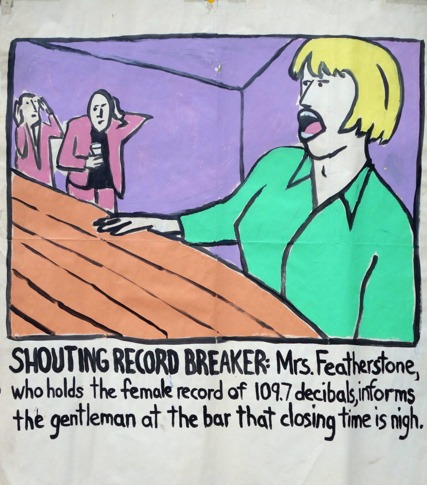 "Shouting Record Breaker" Guinness World Record Holders by Paul Dodd. Paintings from 1989 Pyramid Arts Center show. Acrylic house paint on billboard paper, 54" wide by "60" high.