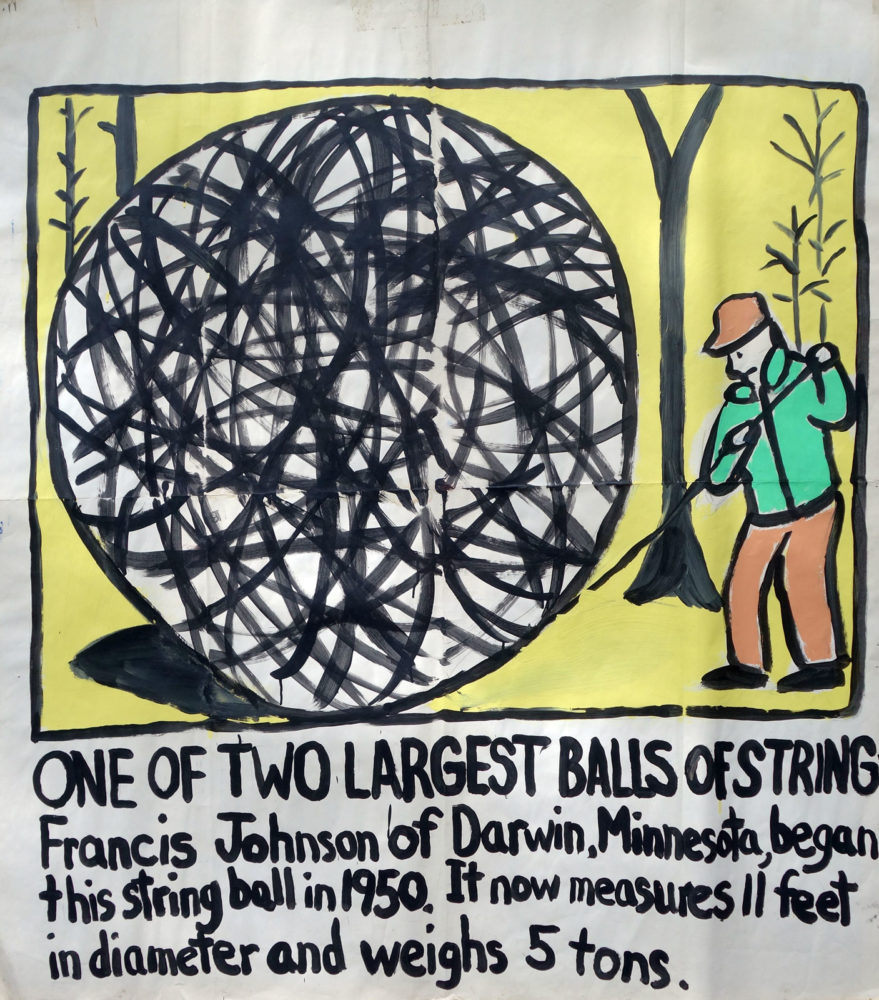 "Largest Ball of String" Guinness World Record Holders by Paul Dodd. Paintings from 1989 Pyramid Arts Center show. Acrylic house paint on billboard paper, 54" wide by "60" high.