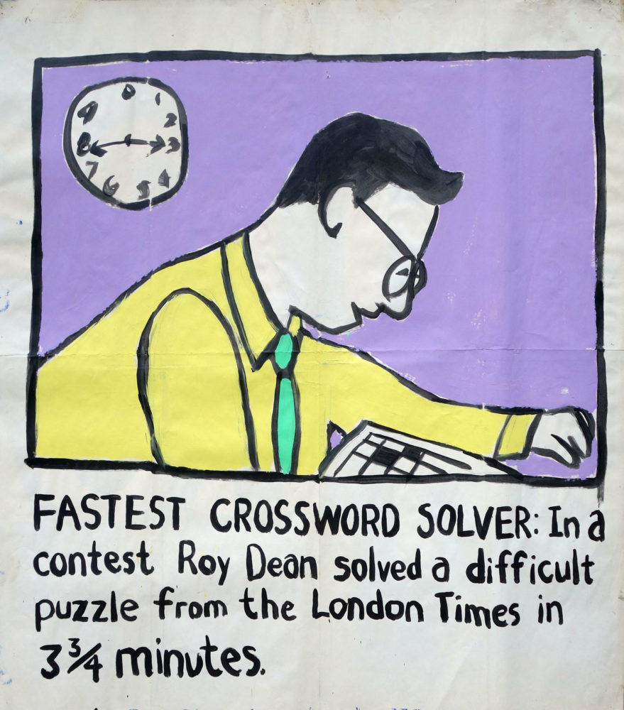 "Fastest Crossword Solver" Guinness World Record Holders by Paul Dodd. Paintings from 1989 Pyramid Arts Center show. Acrylic house paint on billboard paper, 54" wide by "60" high.