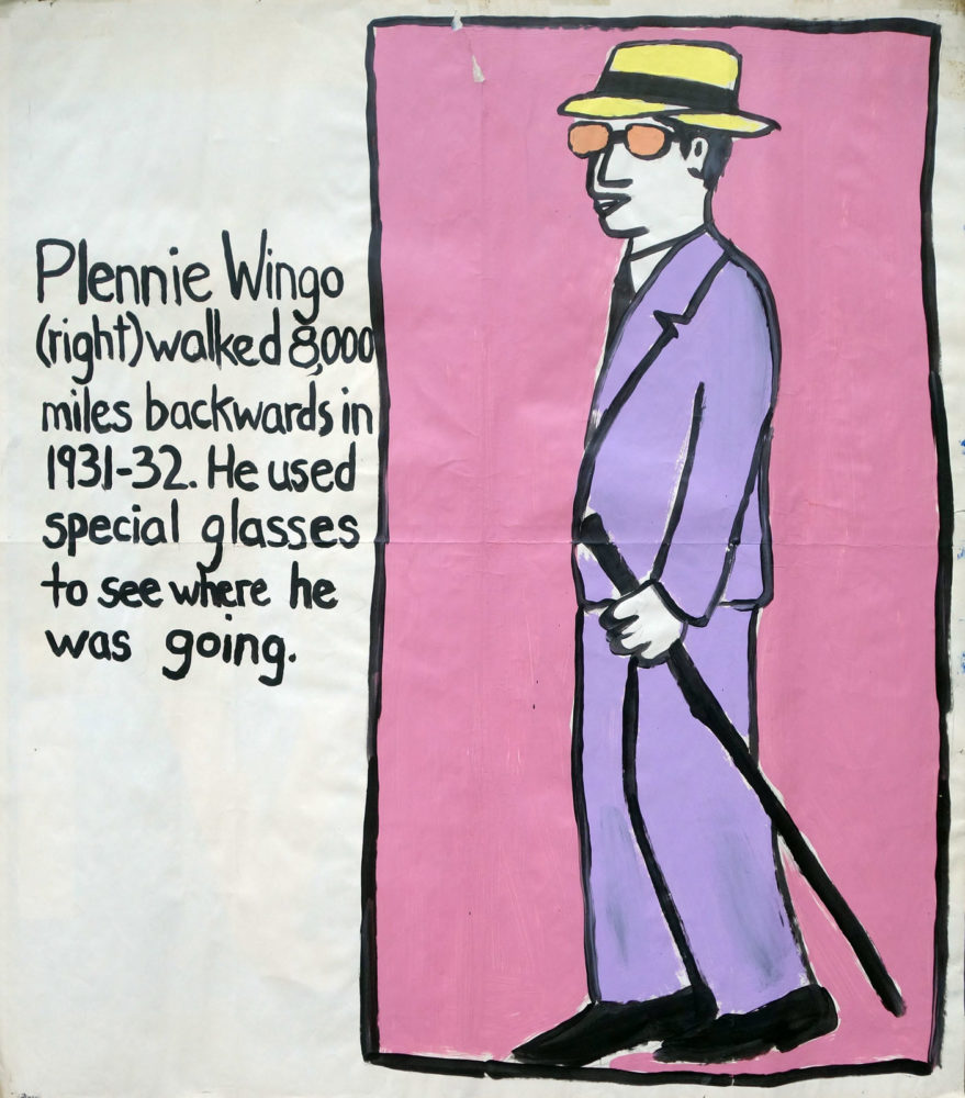 "Walking Backward" Guinness World Record Holders by Paul Dodd. Paintings from 1989 Pyramid Arts Center show. Acrylic house paint on billboard paper, 54" wide by "60" high.