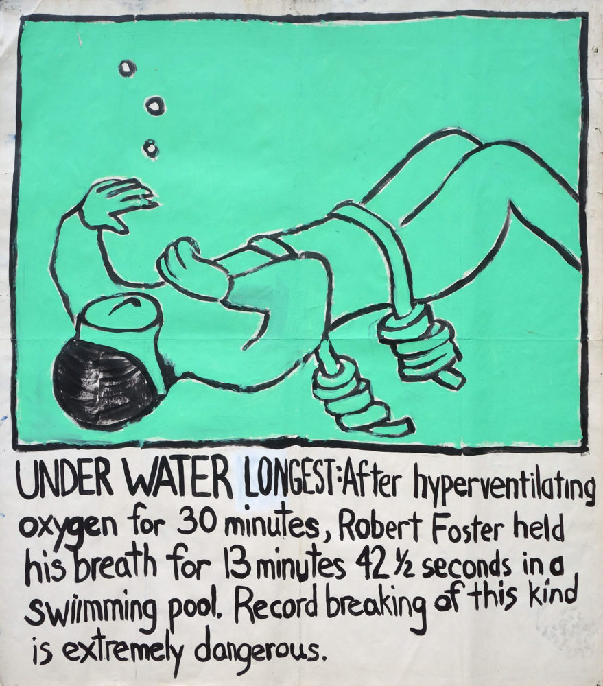 "Underwater Longest" Guinness World Record Holders by Paul Dodd. Paintings from 1989 Pyramid Arts Center show. Acrylic house paint on billboard paper, 54" wide by "60" high.