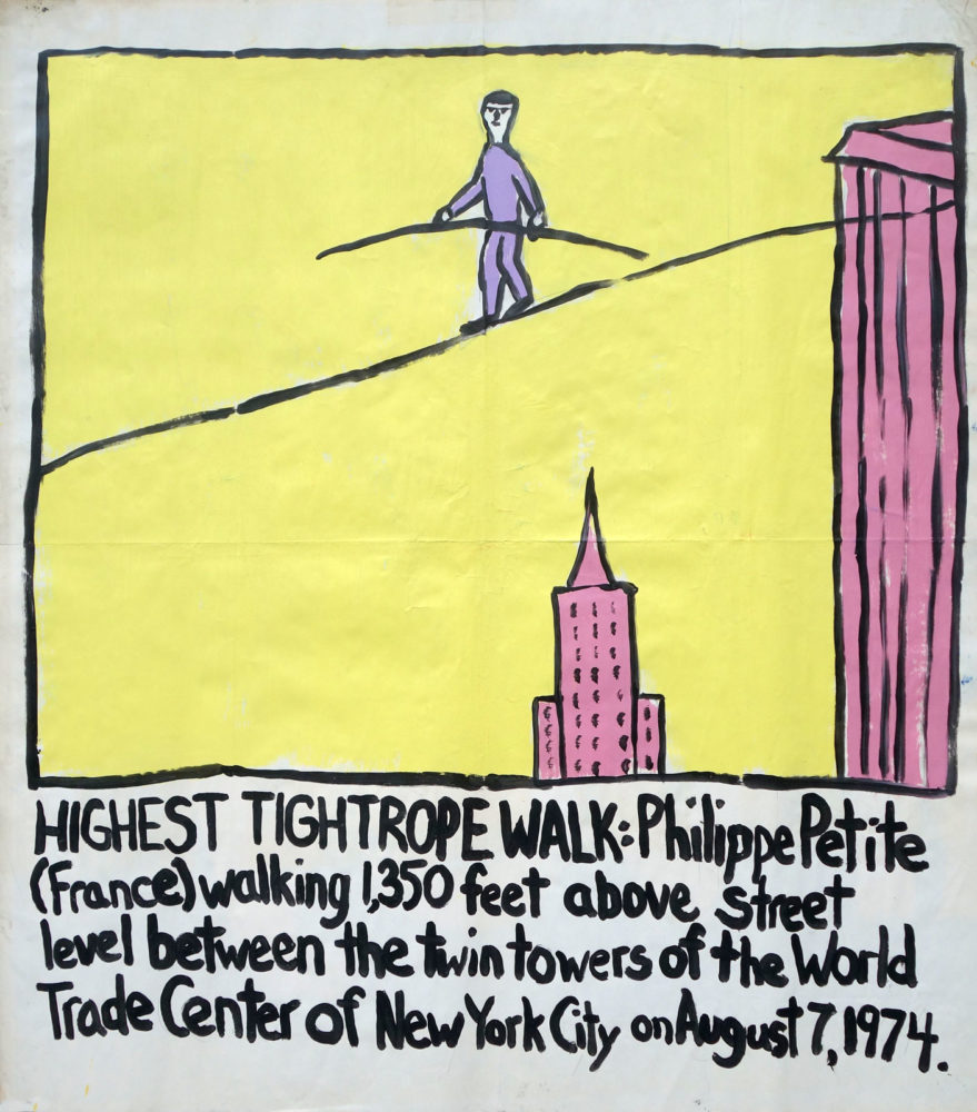 "Highest Tightrope Walk" Guinness World Record Holders by Paul Dodd. Paintings from 1989 Pyramid Arts Center show. Acrylic house paint on billboard paper, 54" wide by "60" high.