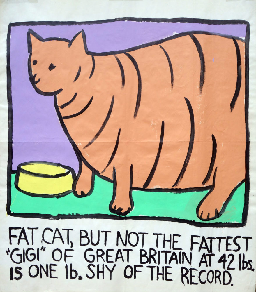 "Fattest Cat" Guinness World Record Holders by Paul Dodd. Paintings from 1989 Pyramid Arts Center show. Acrylic house paint on billboard paper, 54" wide by "60" high.