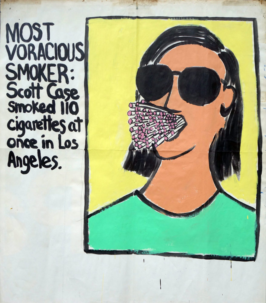 "Most Voracious Smoker" Guinness World Record Holders by Paul Dodd. Paintings from 1989 Pyramid Arts Center show. Acrylic house paint on billboard paper, 54" wide by "60" high.