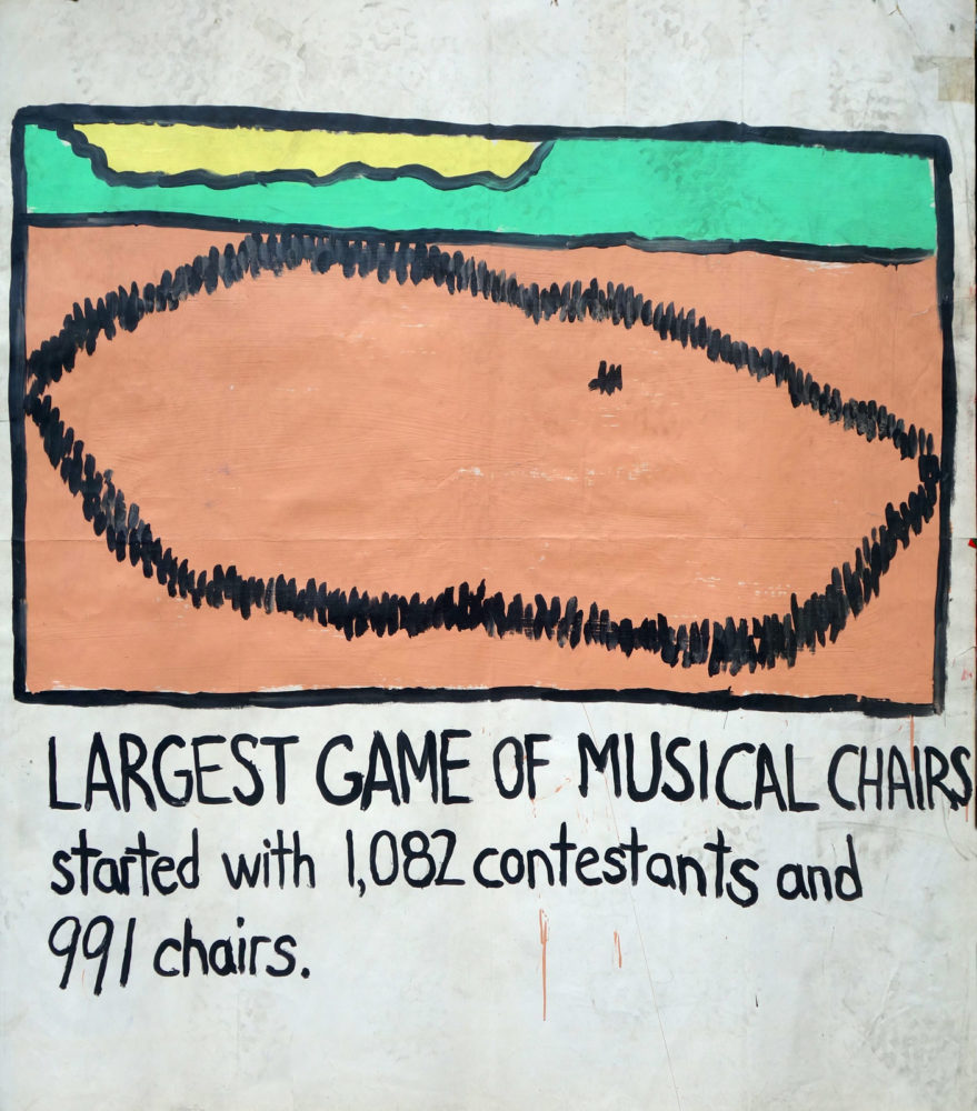 "Largest Game of Musical Chairs" Guinness World Record Holders by Paul Dodd. Paintings from 1989 Pyramid Arts Center show. Acrylic house paint on billboard paper, 54" wide by "60" high.