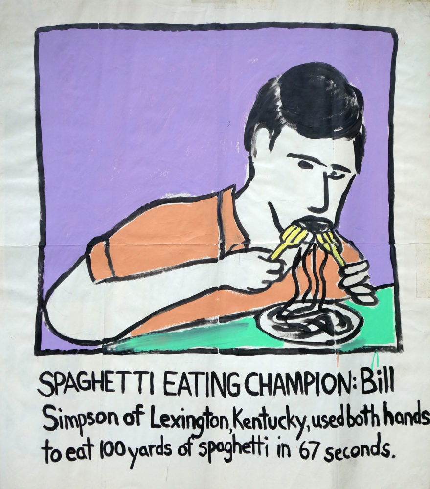 "Spaghetti Eating Champion" Guinness World Record Holders by Paul Dodd. Paintings from 1989 Pyramid Arts Center show. Acrylic house paint on billboard paper, 54" wide by "60" high.