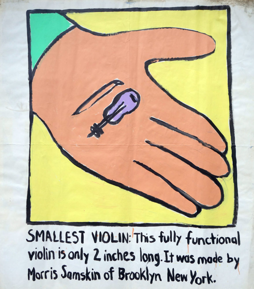 "Smallest Violin" Guinness World Record Holders by Paul Dodd. Paintings from 1989 Pyramid Arts Center show. Acrylic house paint on billboard paper, 54" wide by "60" high.