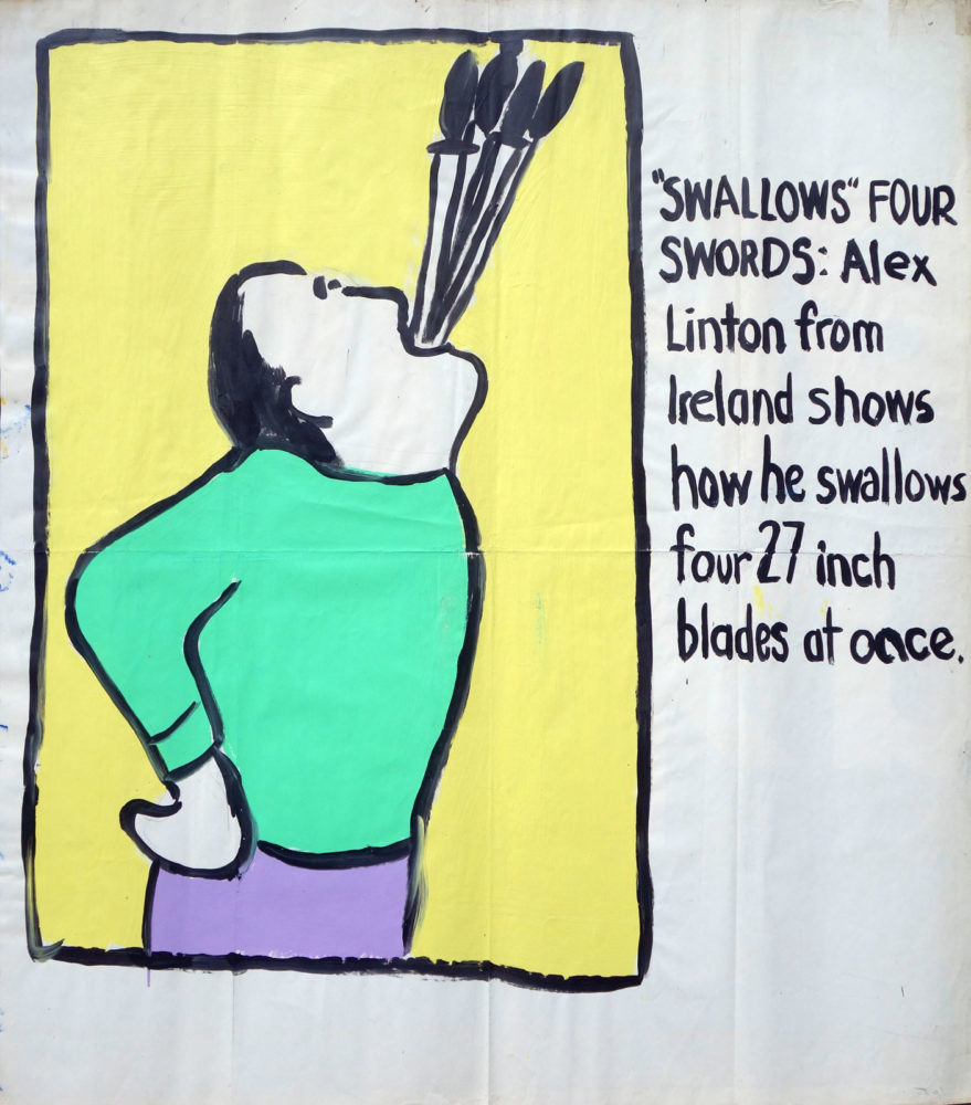 "Sword Swallowing" Guinness World Record Holders by Paul Dodd. Paintings from 1989 Pyramid Arts Center show. Acrylic house paint on billboard paper, 54" wide by "60" high.