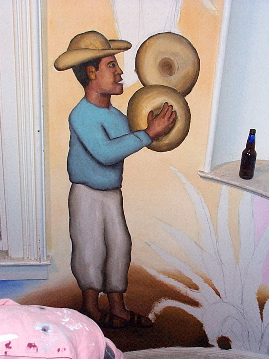 Drummers detail of Mex Restaurant Mural by Paul Dodd, in progress, 1999.