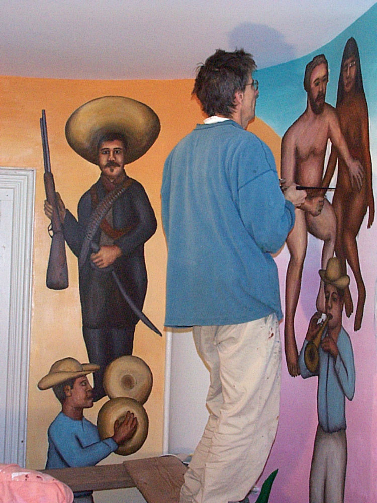 Paul Dodd working on Mex Restaurant Mural, 1999.