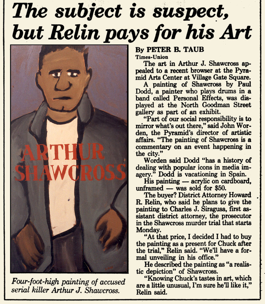 Arthur Shawcross article from Rochester Times Union with painting by Paul Dodd that Howard Relin bought for Charles Siragusa in 1990