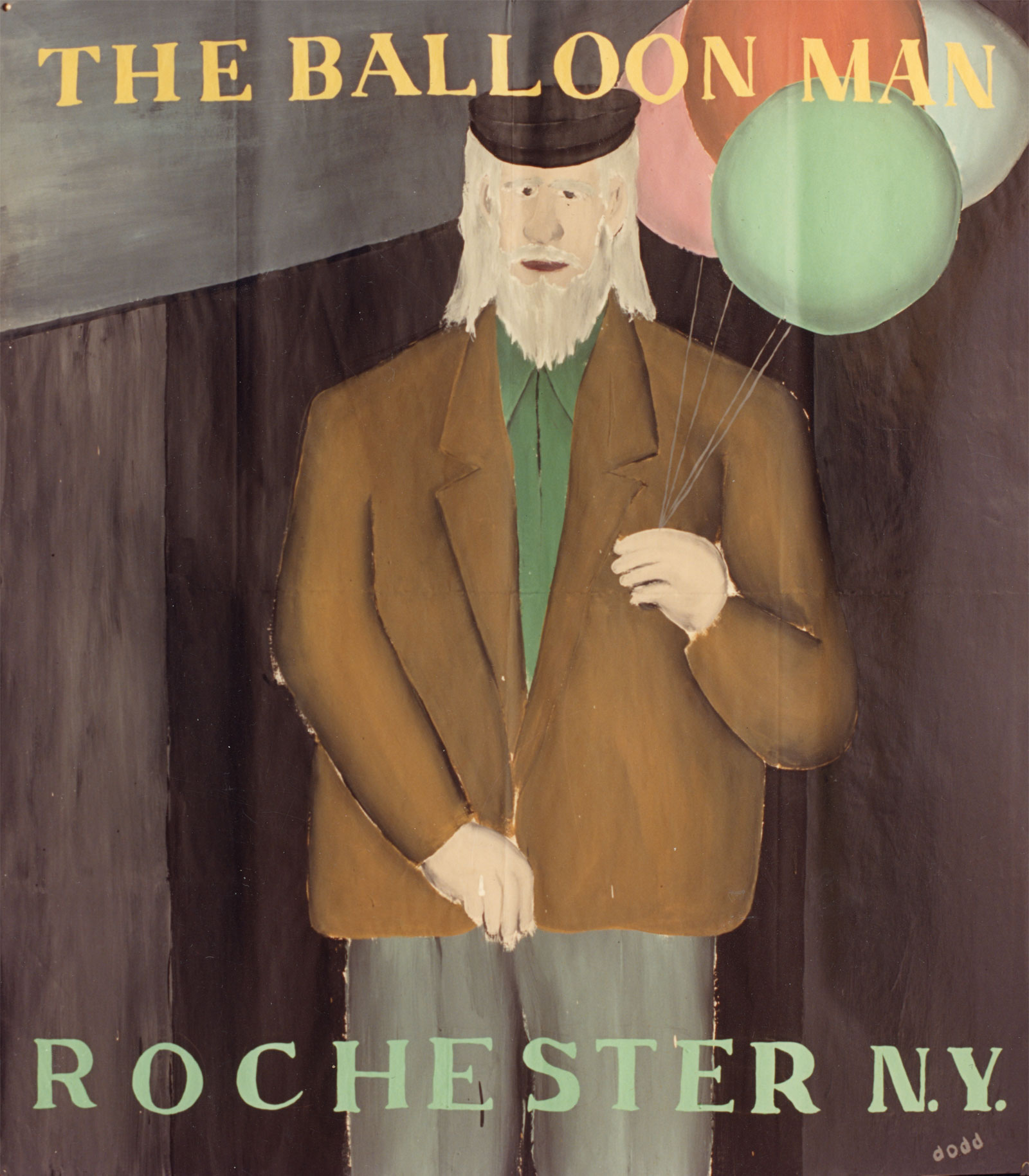 The Balloon Man (street person) from the "Community Icons" series by Paul Dodd. Acrylic house paint on billboard paper, 54" wide by "60" high, 1989