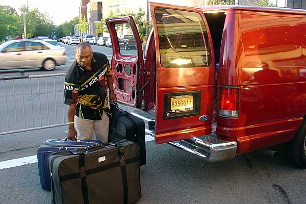 James Brown T-shirts and merchandise getting loaded into Eastman Theater for the 2005 Rochester International Jazz Festival