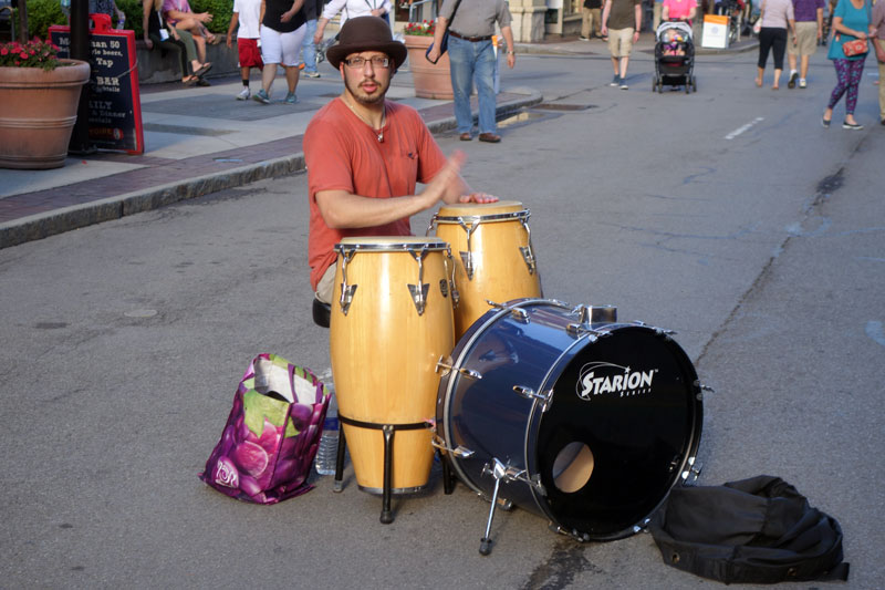 Street drummer performing at the 2017 Rochester International Jazz Festival