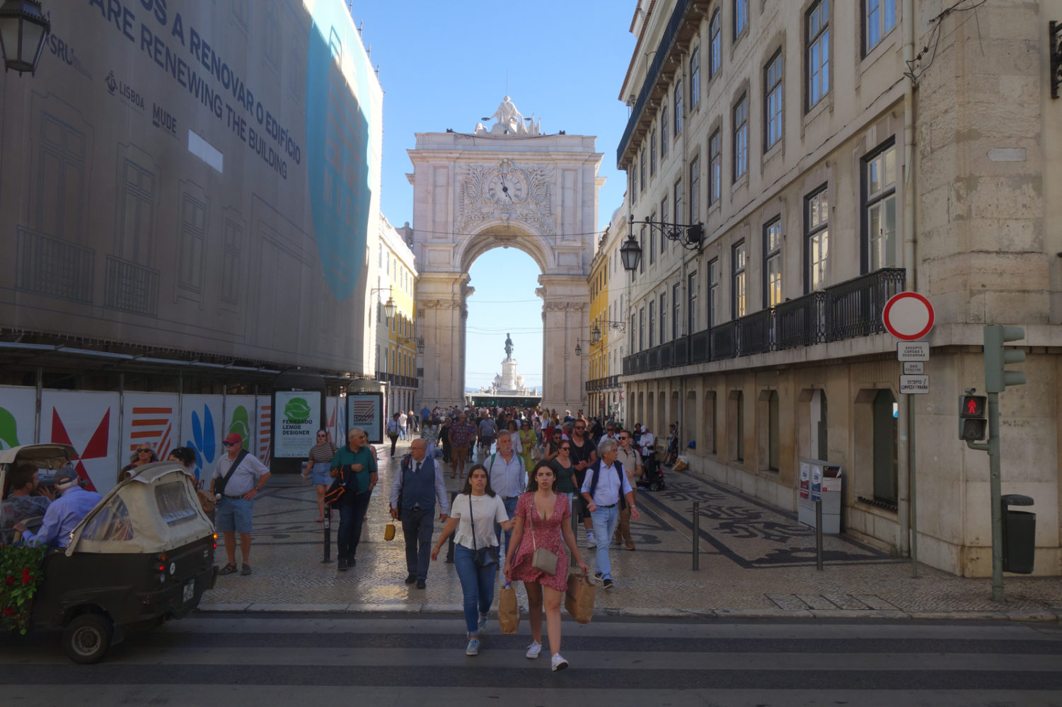 Rua Augusta Arch in Lisbon Portugal with the Tagus River in distance.