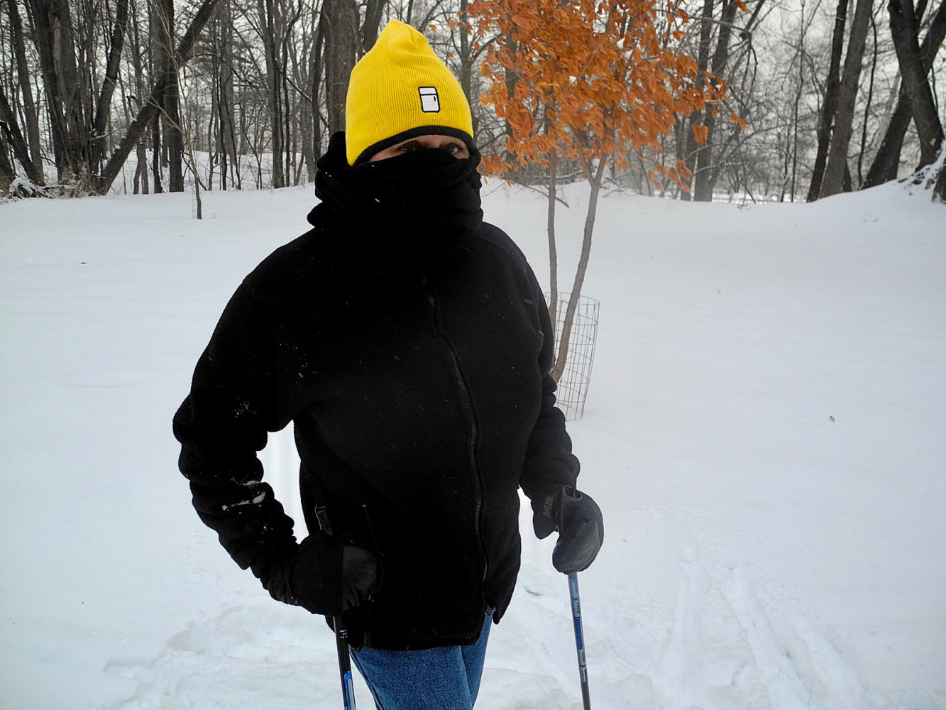 Peggi skiing with Refrigerator Hat