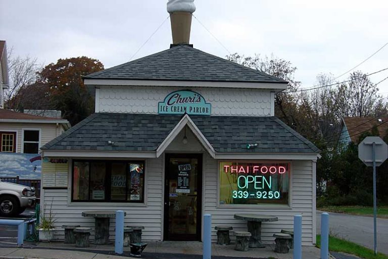 Churi's Ice Cream Parlor, right across the street from Sea Breeze Amusement Park is now serving Thai food. Culver Road in Rochester, New York.