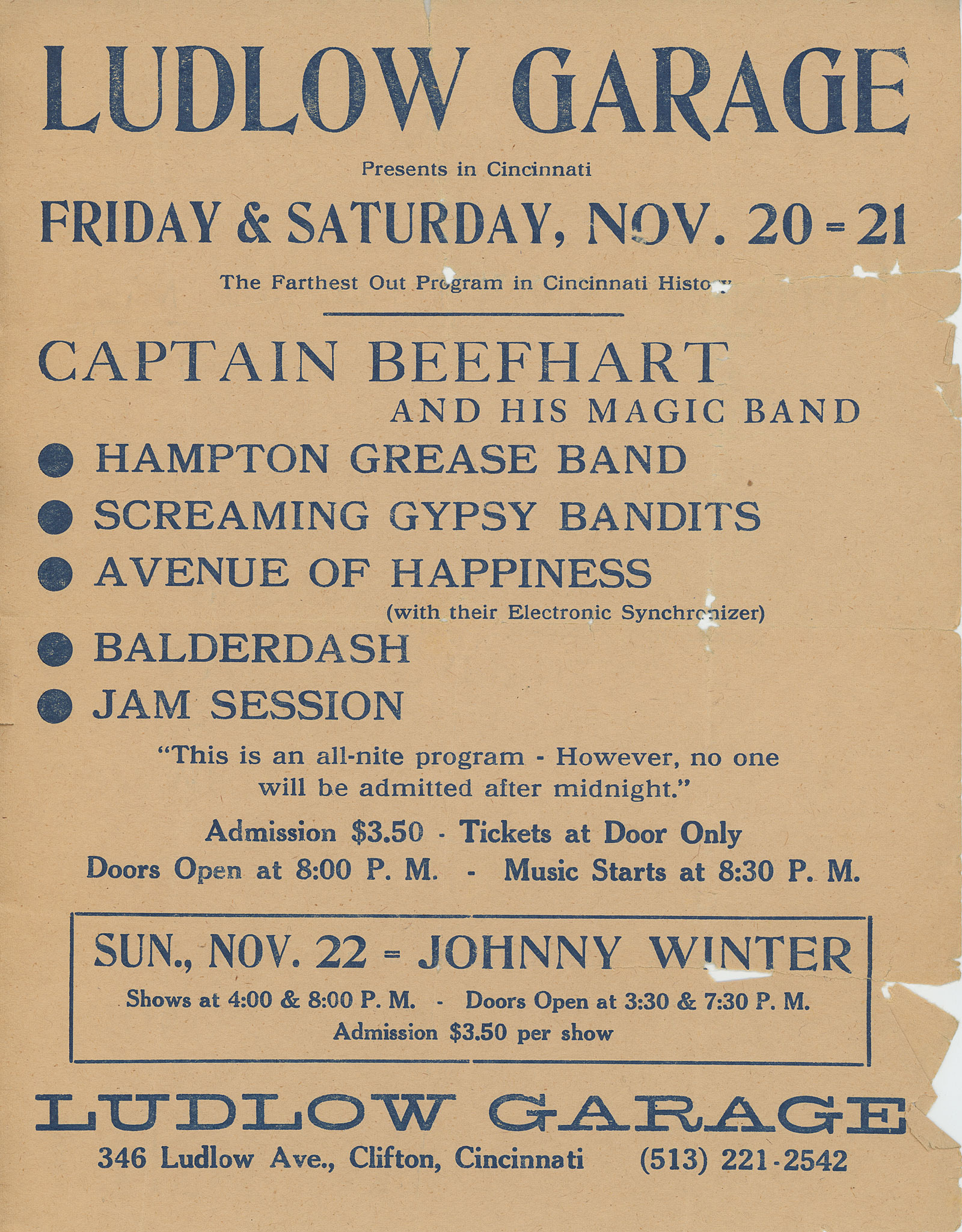 Poster for Captain Beefheart and His Magic Band, Hampton Grease Band and Screaming Gypsy Bandits at Ludlow Garage in Cincinnati in 1970