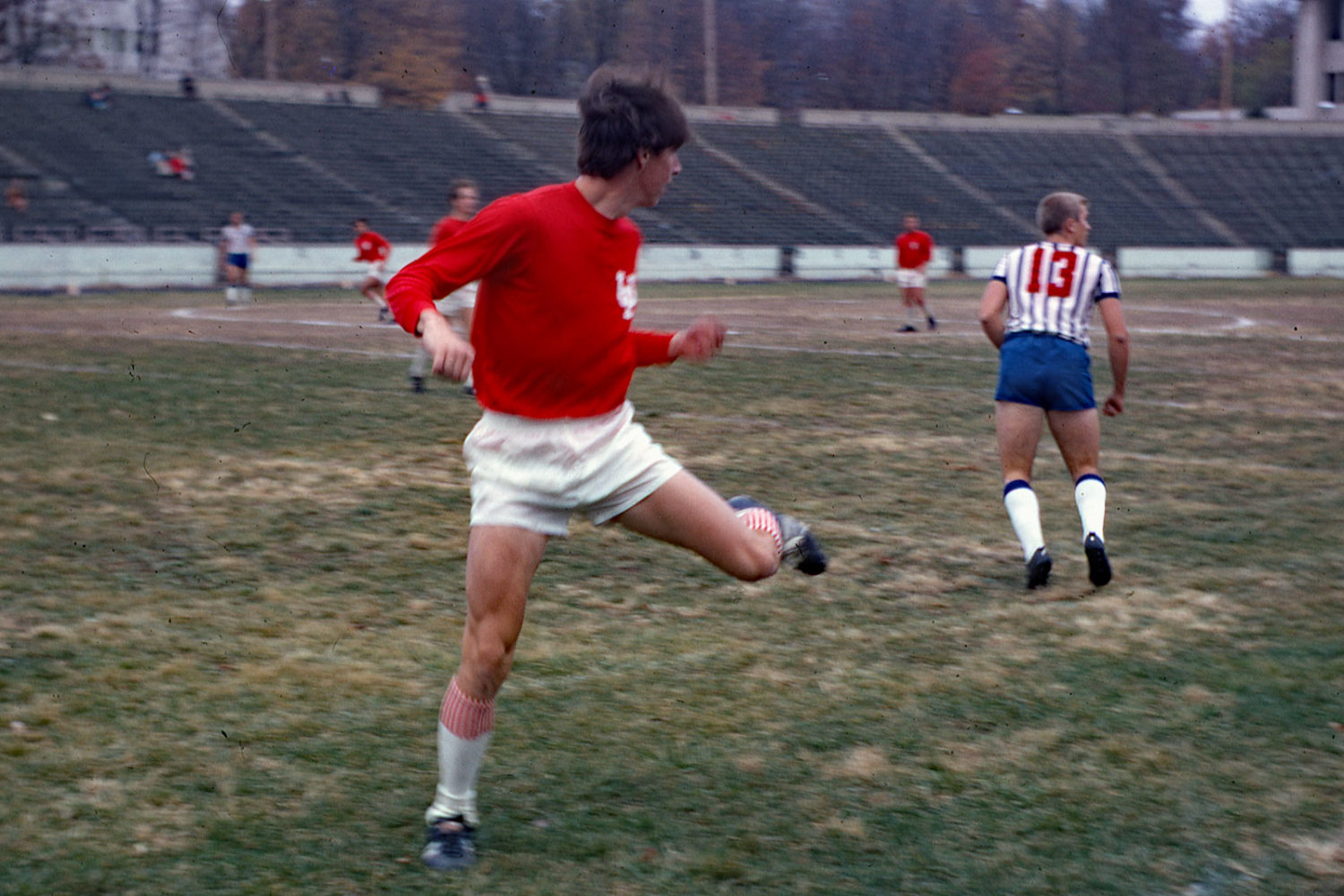 Paul playing soccer at IU in the old football stadium vs. St. Louis 1968. Photo by Leo Dodd.