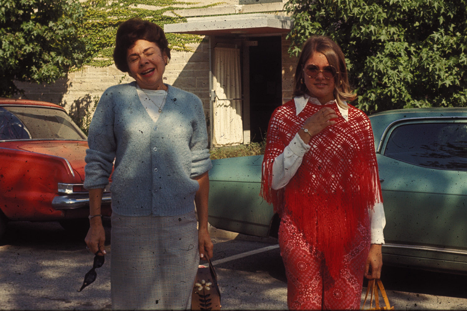 Peggi and her mom in front of dorm 1968