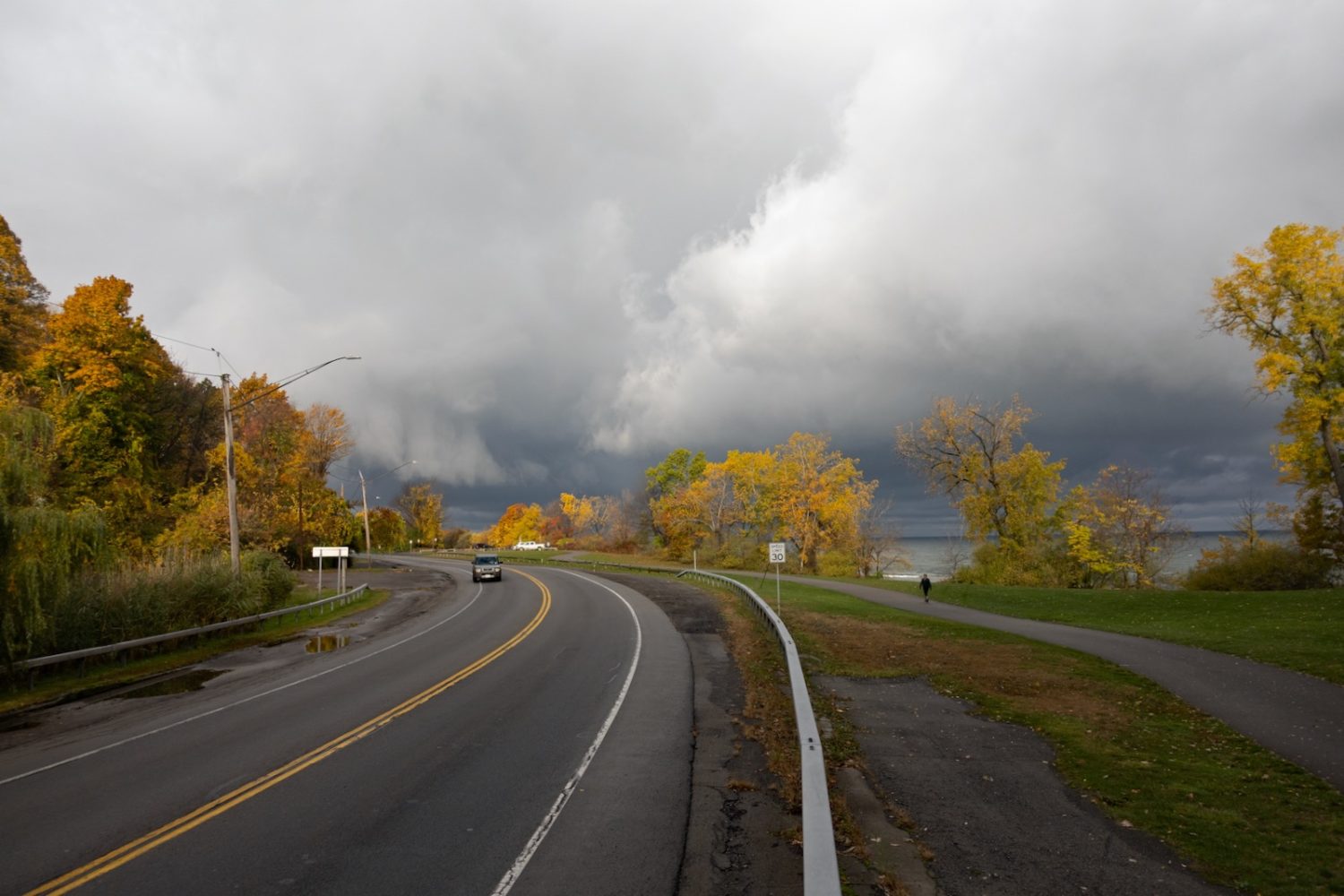 Lakeshore Boulevard with Peggi on trail and Honda Element coming toward us