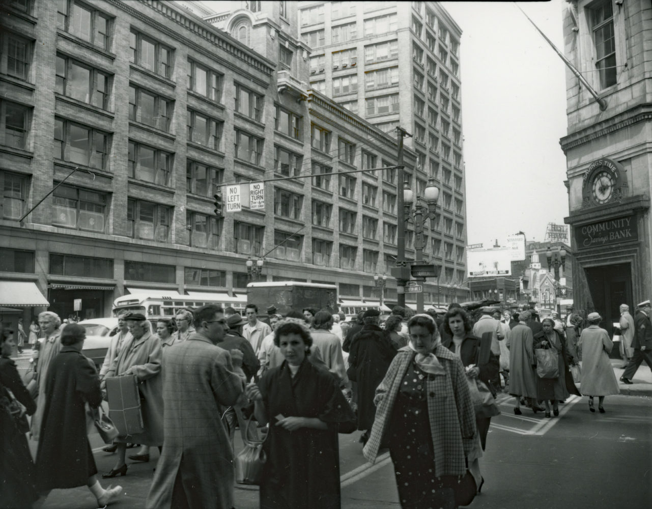 Main and Clinton mid 1950s, downtown Rochester – photo from City of Rochester