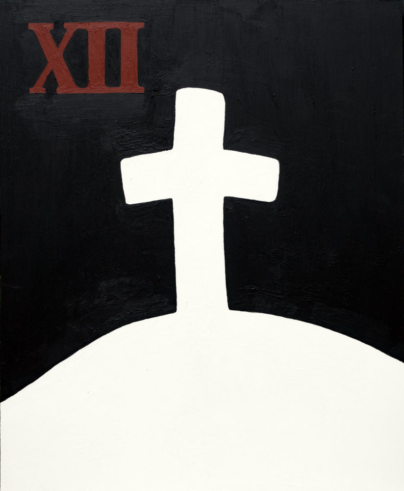 Passion Play - 12th Station, Jesus dies on the cross, acrylic on plastic panel, 14"w by 17"h, 2021 Paul Dodd