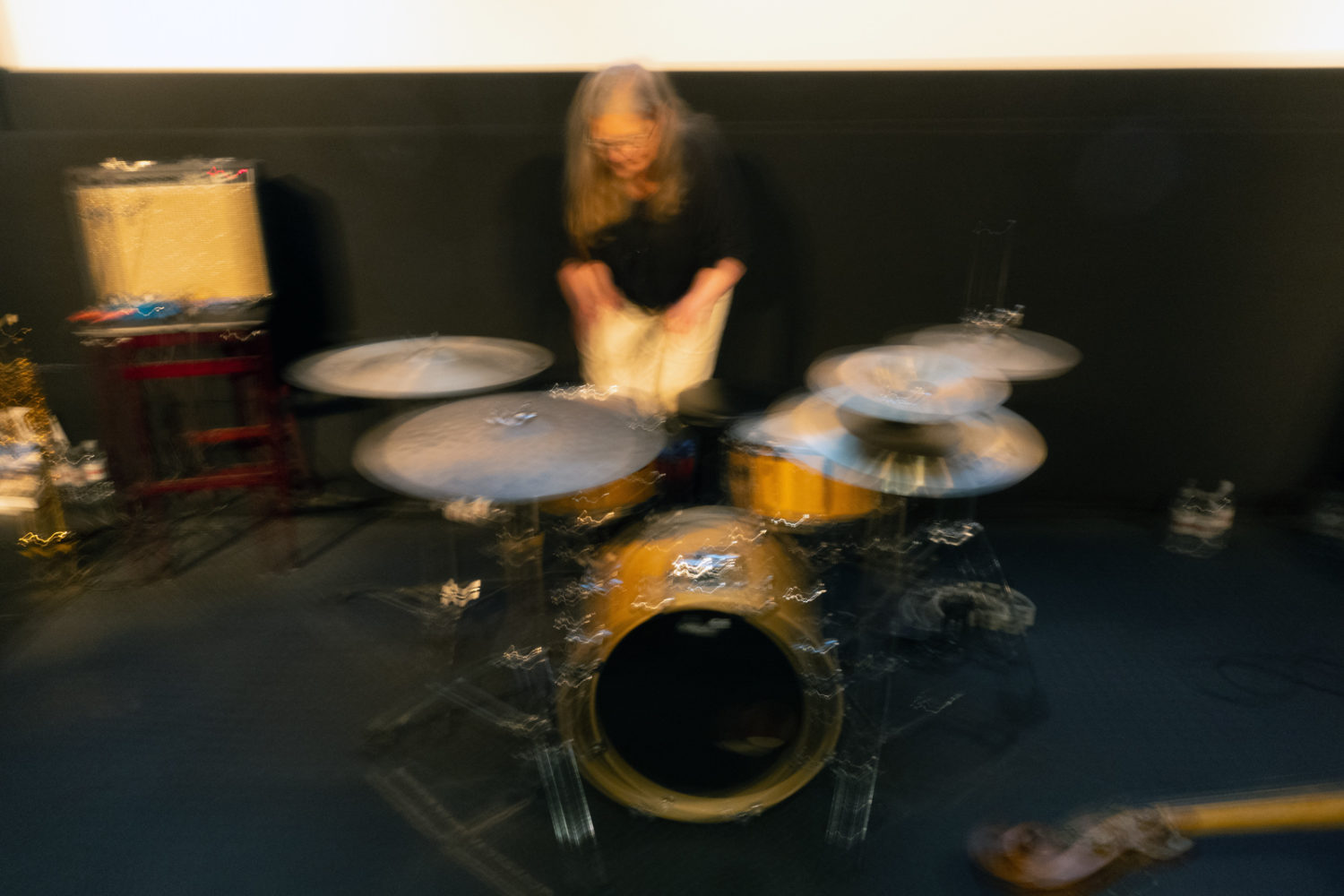 Peggi sound checking drums at Little Theatre 5