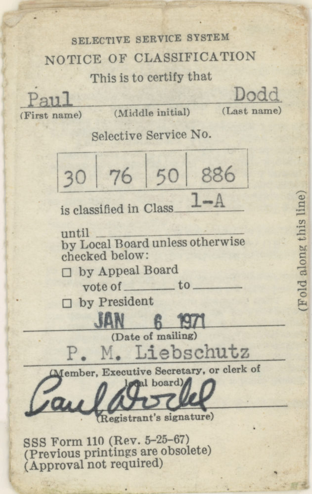 Paul Dodd 1A Selective Service draft card 1970