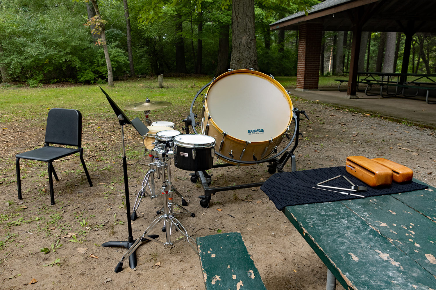 Setup for Robert Morris "sound, trees, meadows" Centennial Premiere performance in Durand Eastman Park