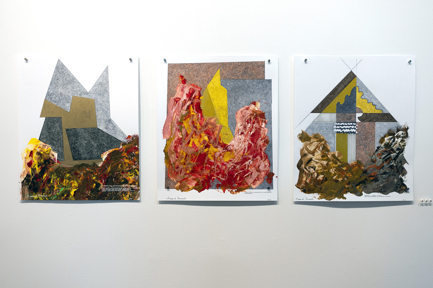 Three Peter Monacelli works on paper in "Bradley Butler and Peter Monacelli - Thirty Eight and Eighty" at Mercer Gallery in Rochester, New York