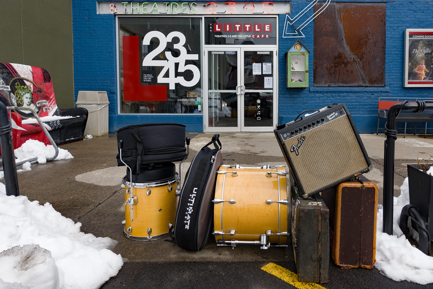 Paul and Peggi's band equipment outside the Little Theatre