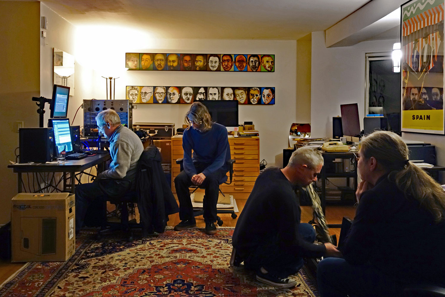 Arpad at the controls recording Margaret Explosion "Civilization." Paul Dood, Jack Schaefer and Peggi Fournier listening. 2016