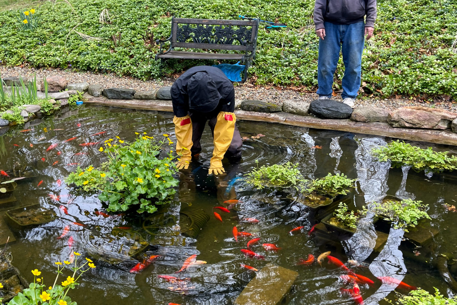 Paul changing the filter in Jared's pond