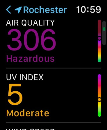 Hazardous Air Quality display on my watch