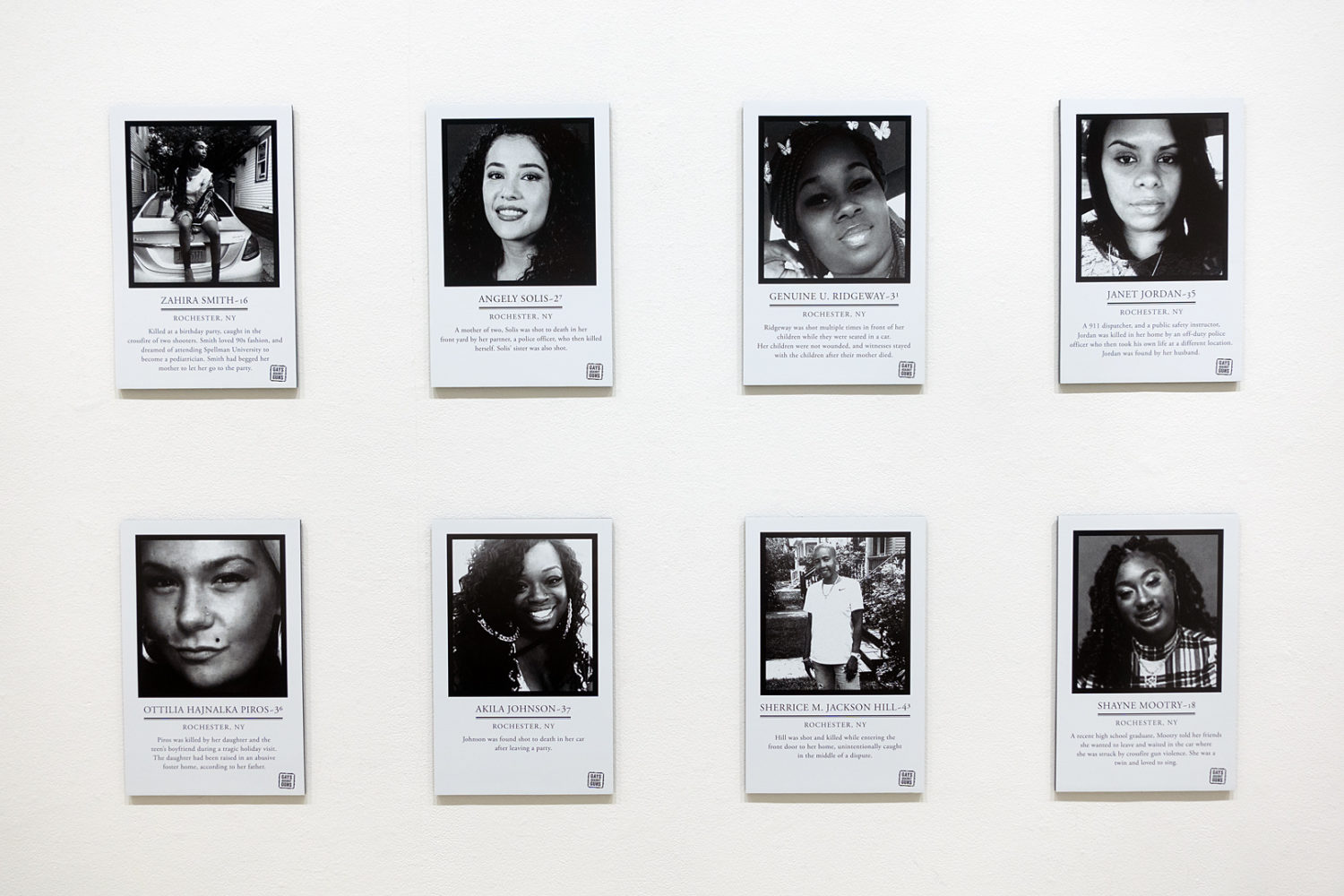 Gays Against Guns placards representing local Rochester women killed by gun violence in “Unconditional Care” show at Rochester Contemporary