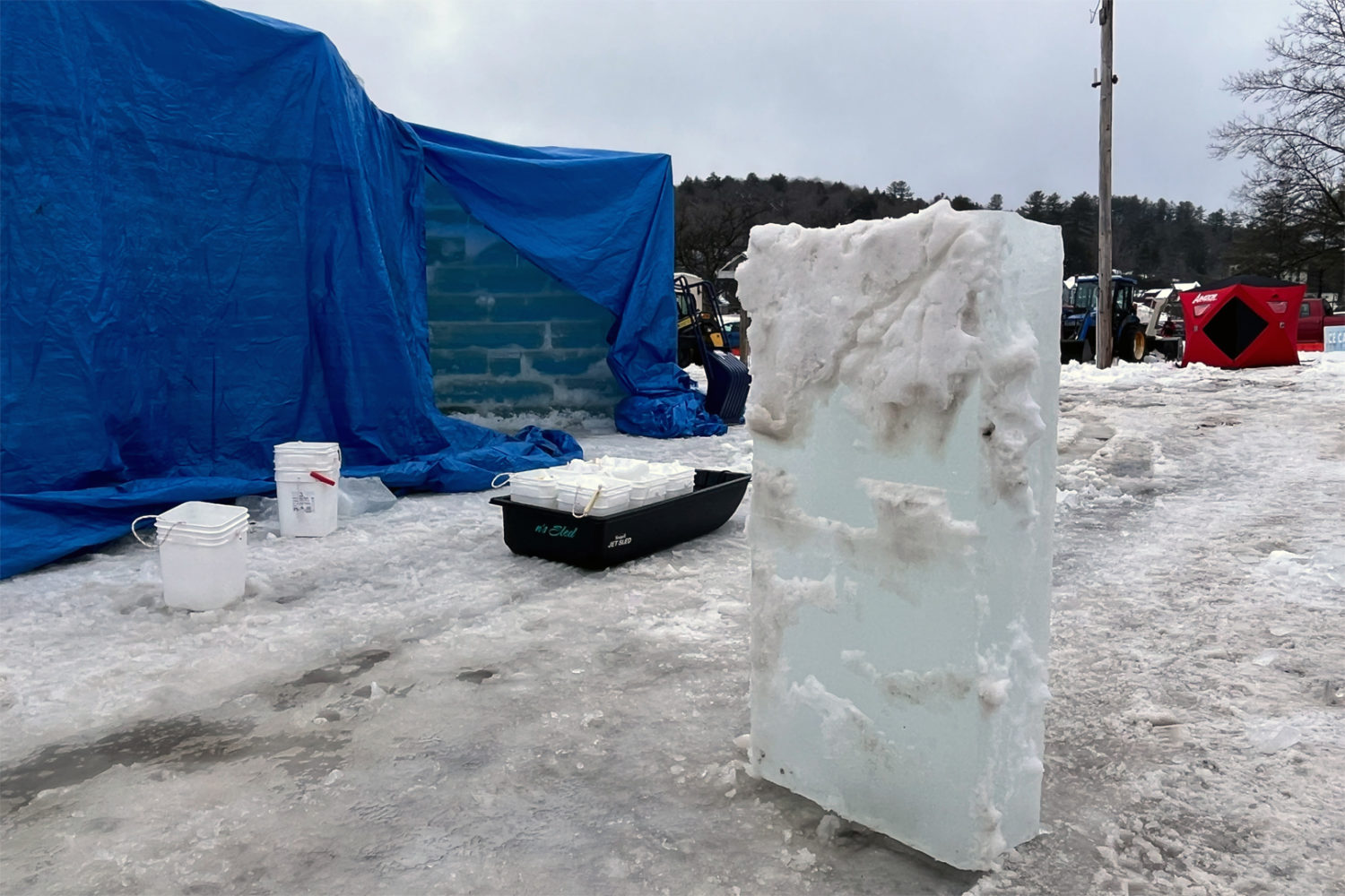 Claire Marziotti photo of the Ice Palace construction on Saranac Lake