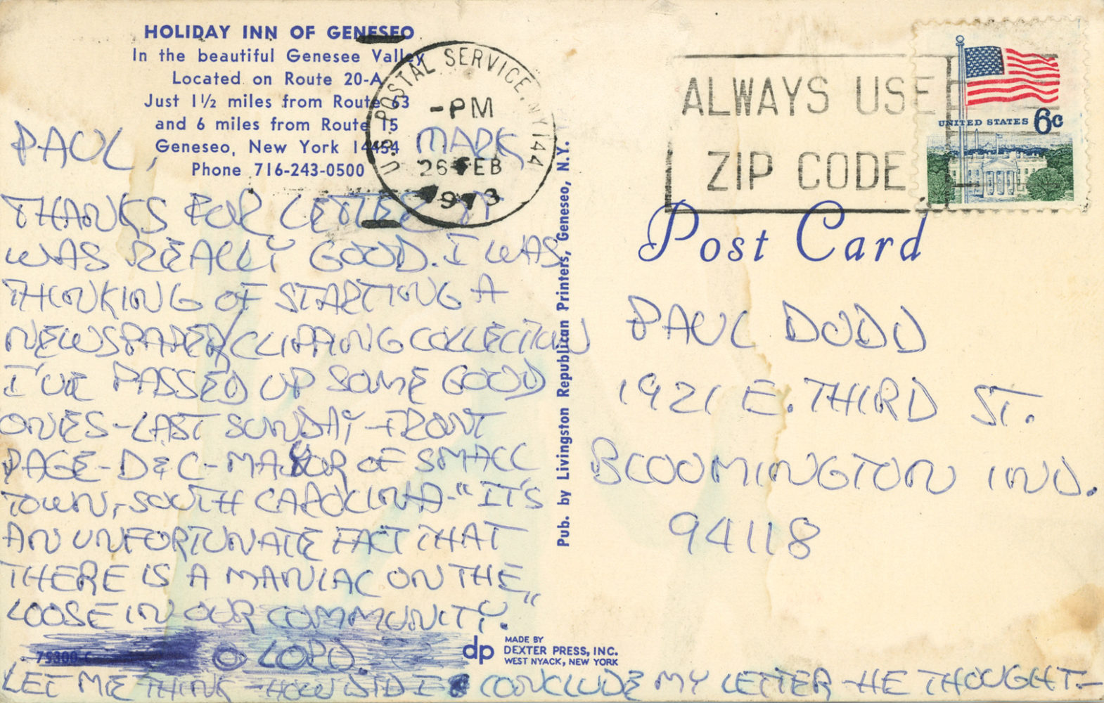 Postcard from Mark Dodd in Geneseo 1973