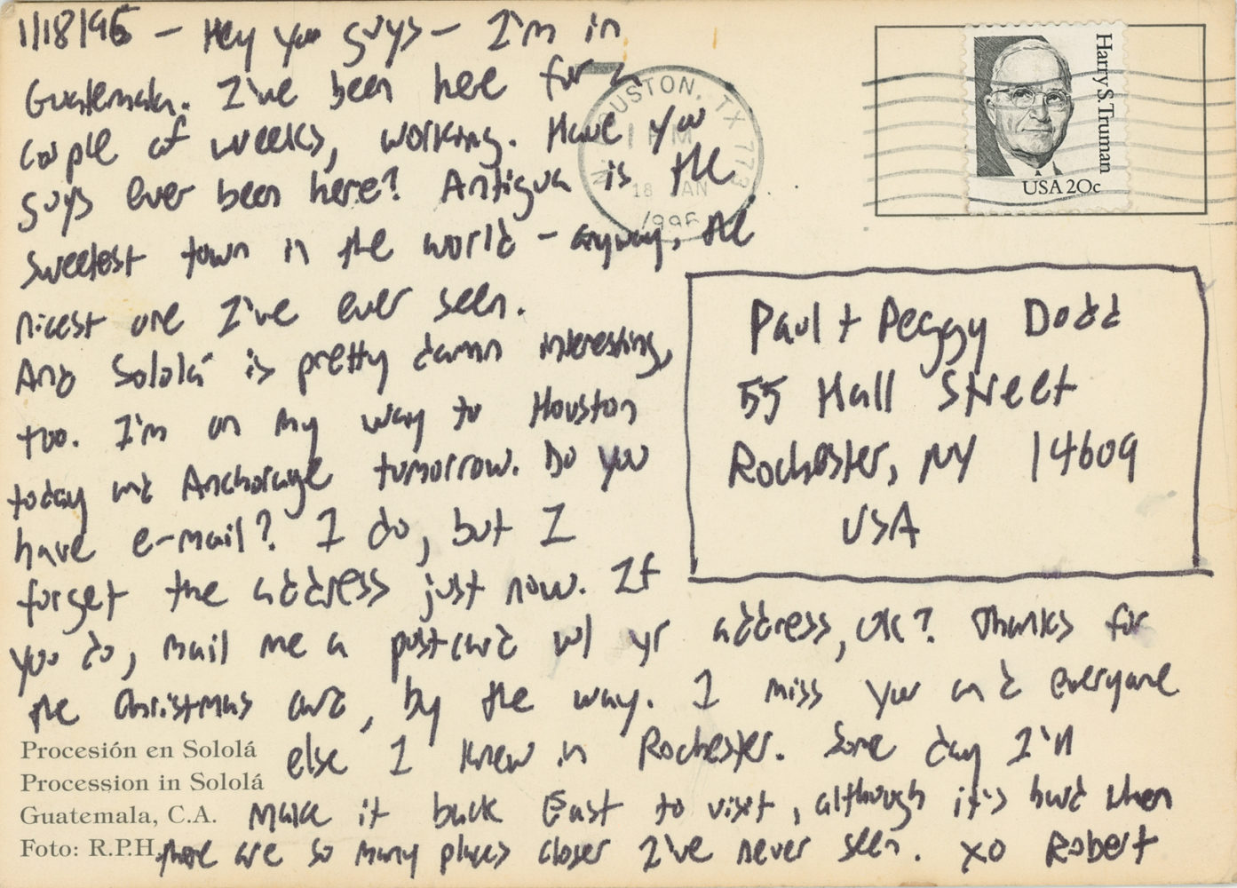 Post card from Robert Meyerowitz 1986
