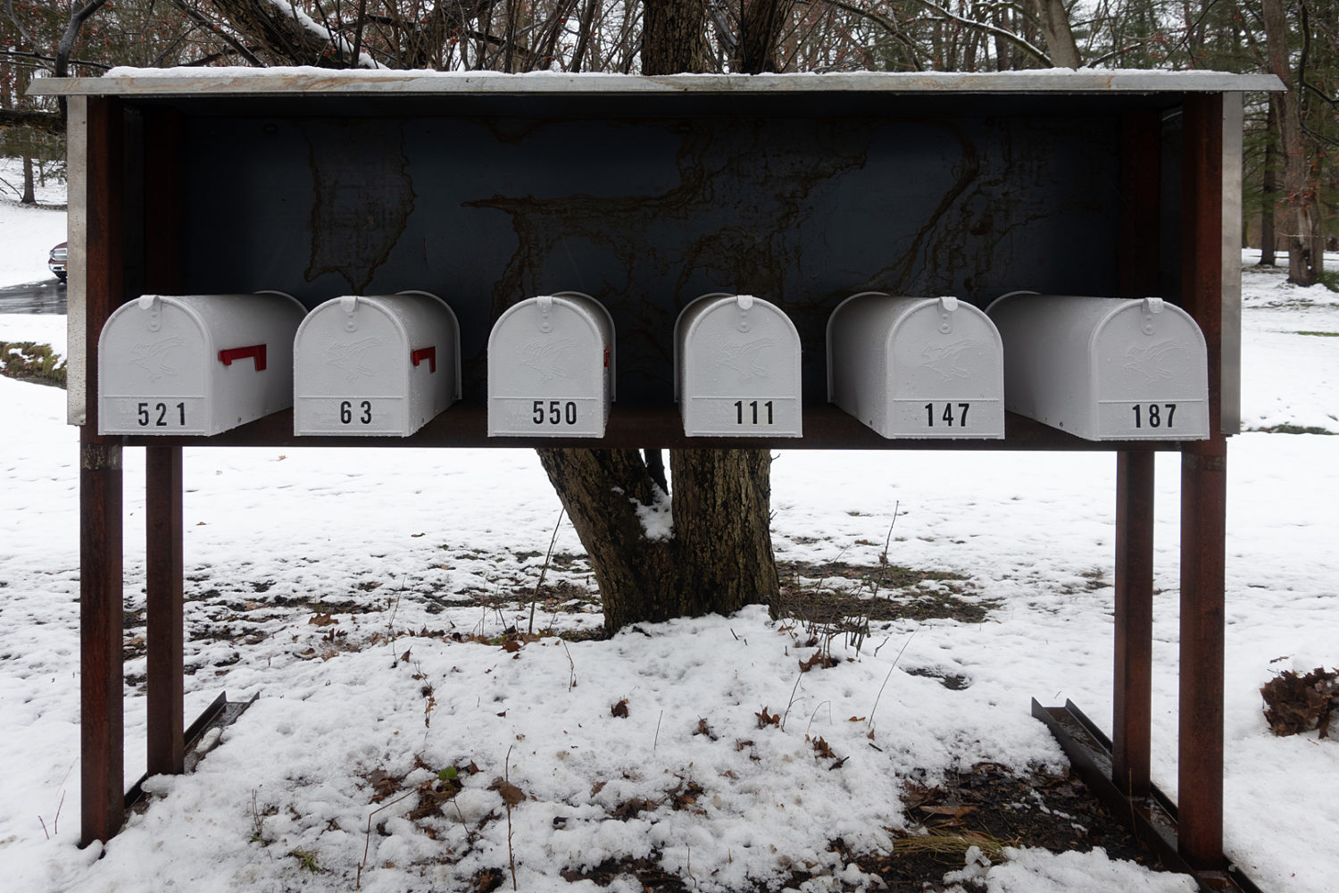 White mail boxes on Hoffman Road