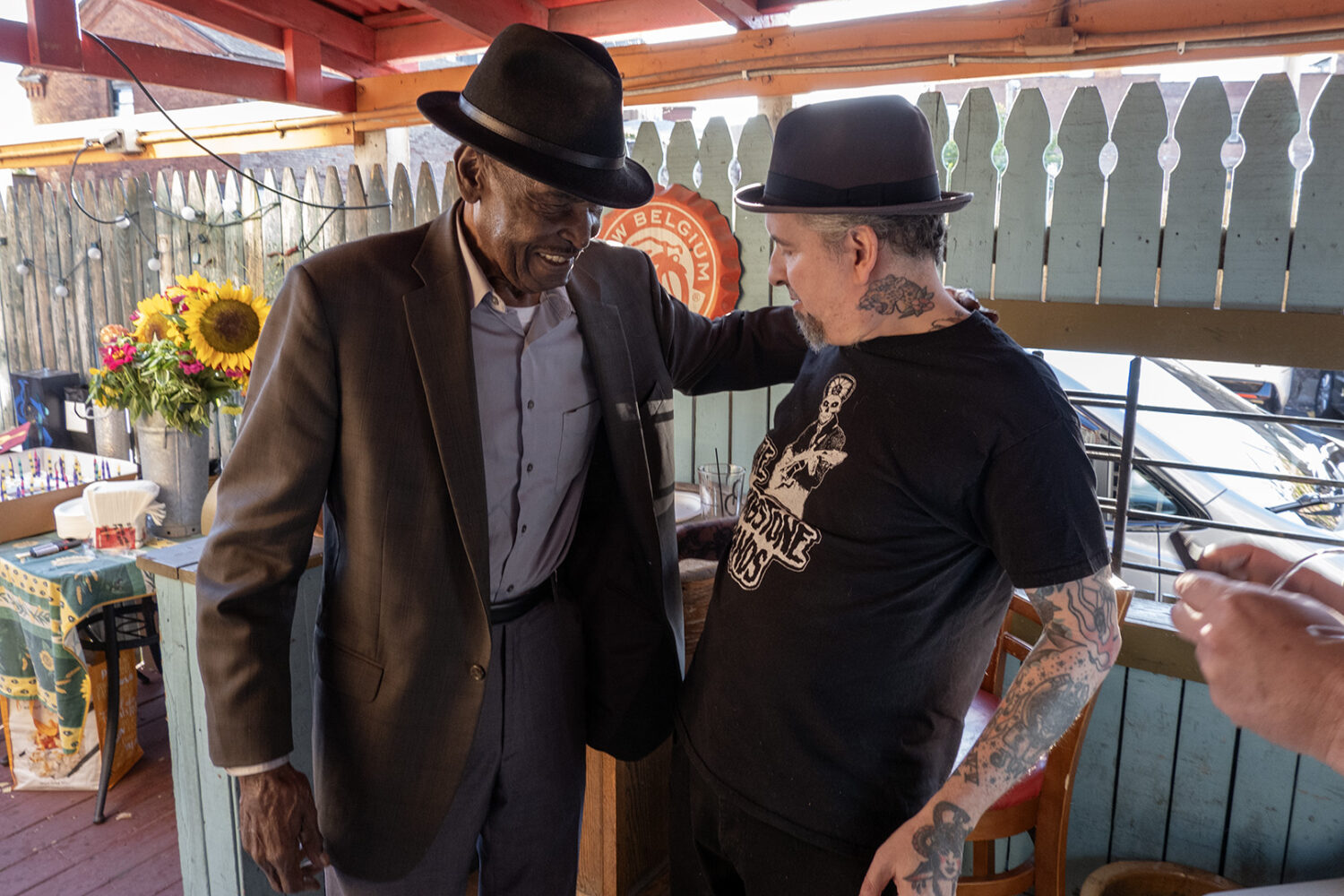 Joe Beard and Frank DeBlase checking out each others attire at Brian Williams 80th Bday party at Abilene