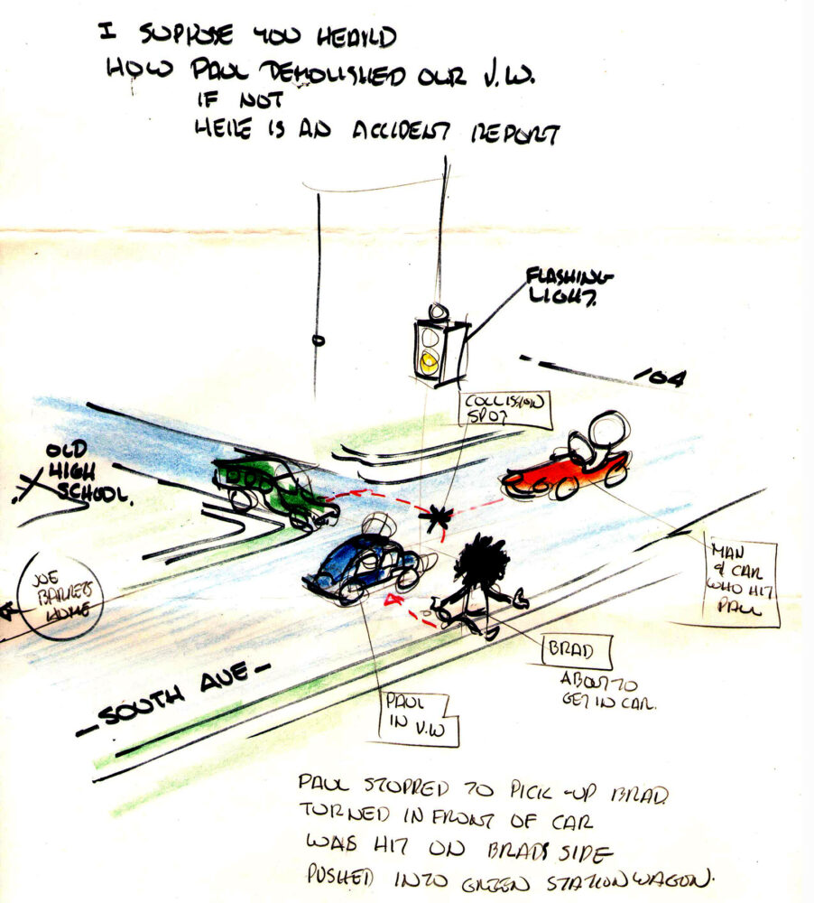 Leo Dodd drawing of my accident with Sammy G" Gingello in Webster, New York