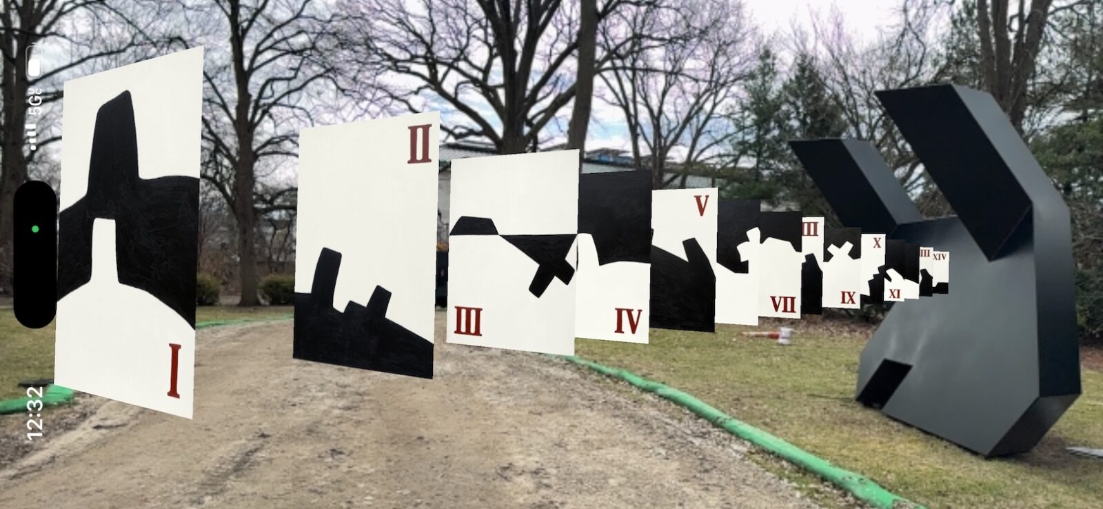 Stephen Black screenshot of "Passion Play" 2020 in Augmented Reality space with Tony Smith sculpture, "Moses," at Toledo Museum of Art