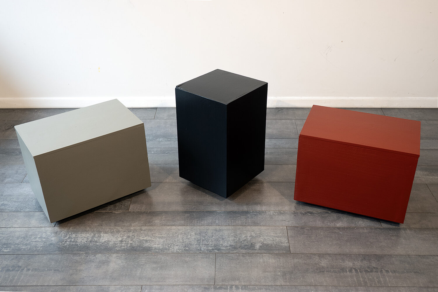 "Untitled" Three painted wooden boxes, 17"h 60"w 20"d 2026