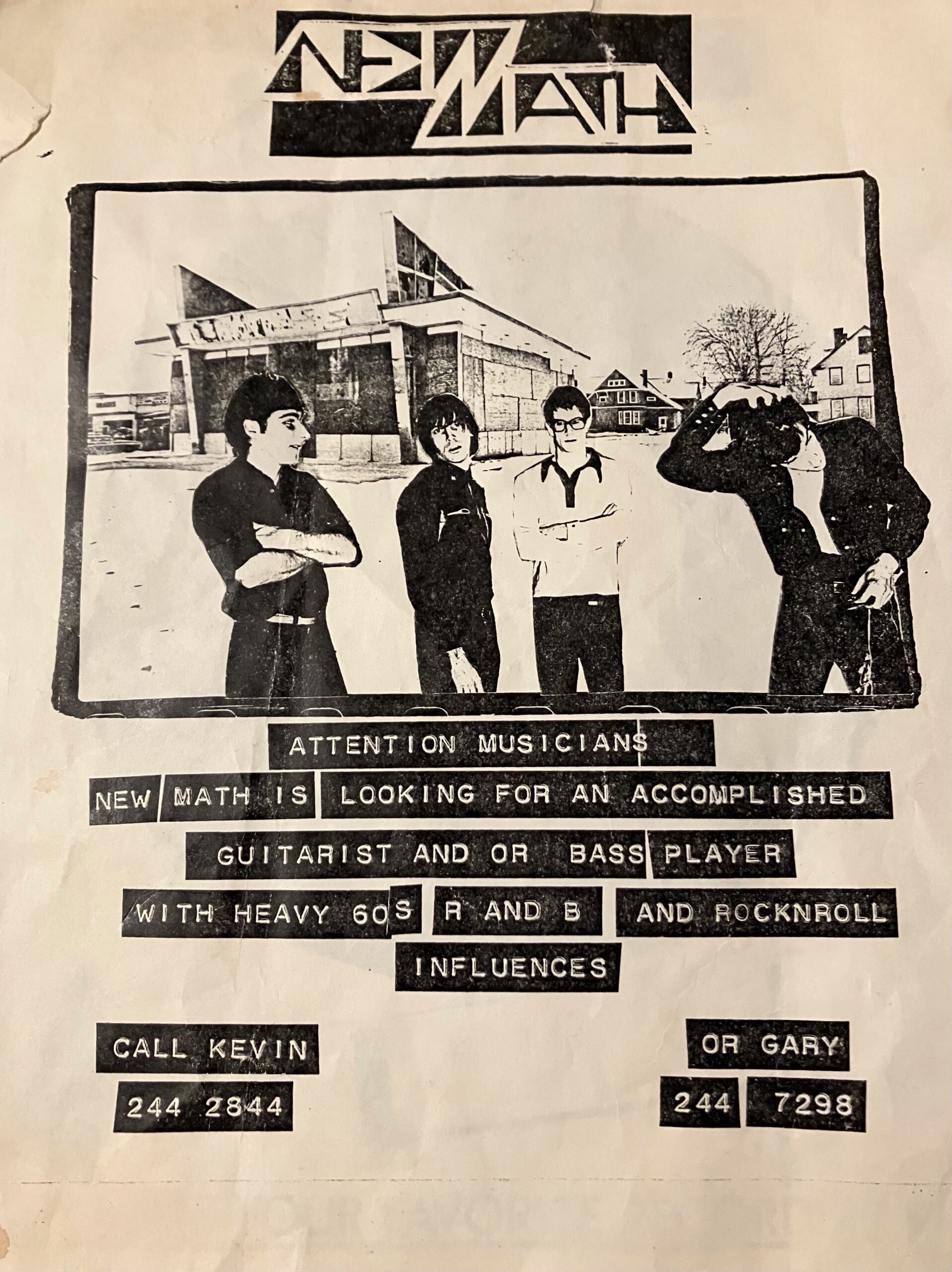 Poster advertising search for New Math bass player