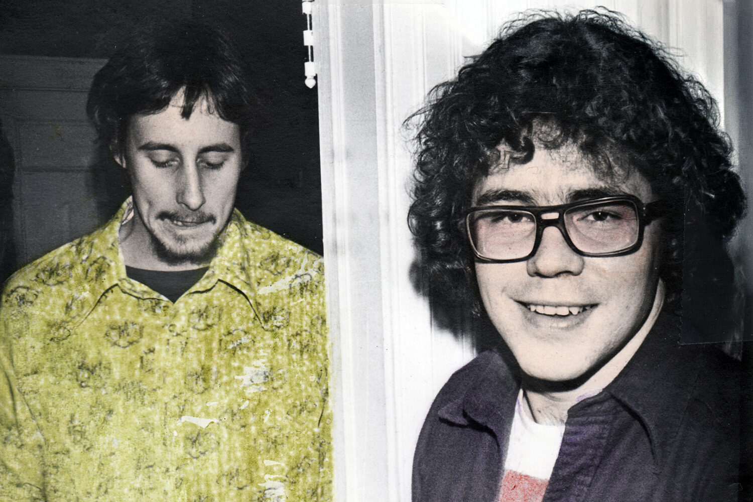 Hand-colored photo of Mark Dodd and John Gilmore at 116 Dartmouth Street