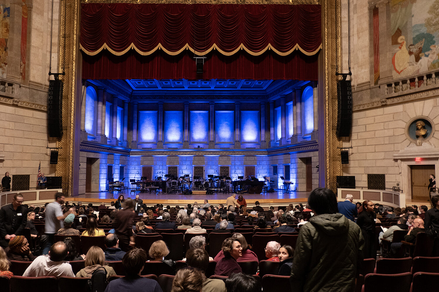 Stage setup for Alarm Will Sound at the Eastman Theatre